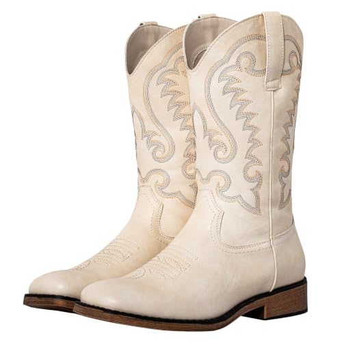WrangWalker Cowgirl Boots for Women Square Toe – Low Heel Pull On Western Boots Embroidered Mid...