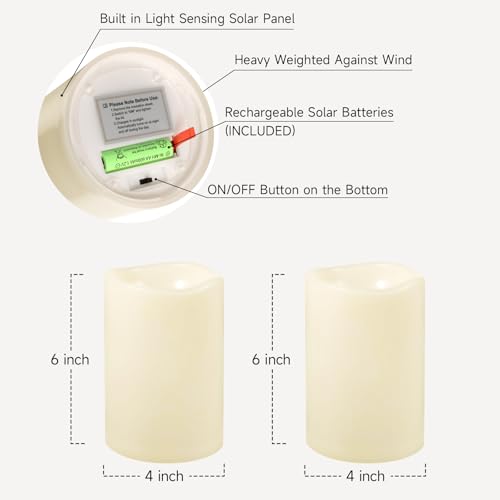 Image of NURADA Large Outdoor Solar Candles Waterproof - 6 inch x 4 inch Rechargeable Solar Powered Flameless LED Pillar Flickering Candle for Patio Porch Lanterns Decor - Ivory Set of 2