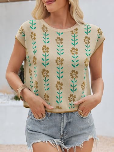 Image of Saodimallsu Womens Cap Sleeve Crop Tops Summer Color Block Going Out Crew Neck Knit Trendy Casual Sweater