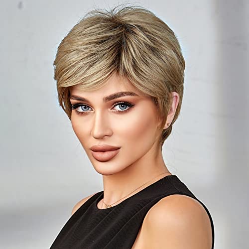 HAIRCUBE Short Dark Blonde Wigs for Women Synthetic Wig with Bangs