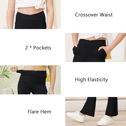 Black Cherry Girls Flare Leggings with 2 Pockets, Bootcut Yoga Pants, Crossover Waist Bell Bottoms for Dance Workout4