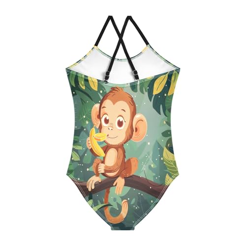 Cute Cartoon Monkey Green Leaves One Piece Girls Swimsuit, Beach Apparel 3-10 Y with Adjustable Shoulder Strap, 3-10 Y2