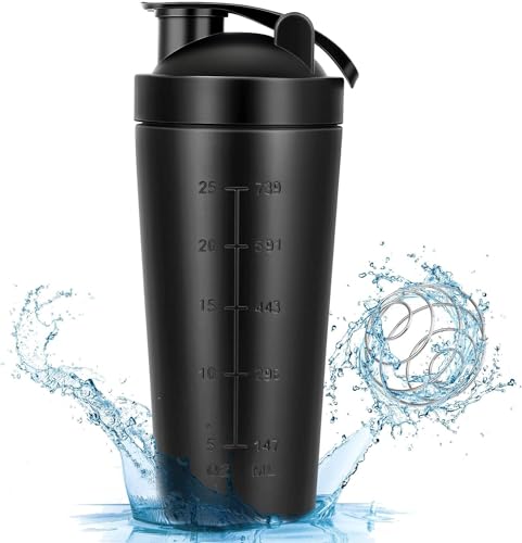 Image of Proteins Power Stainless Steel Protein Shaker, 790 ml, Black, BPA Free, with Measurement Markings and Mixing Spring