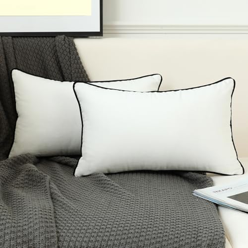 LIGICKY Juego de 2 fundas de almohada lumbar de terciopelo blanco, estilo minimalista moderno, decorativas, con borde de cuerda negra, fiesta, 12x20 pulgadas