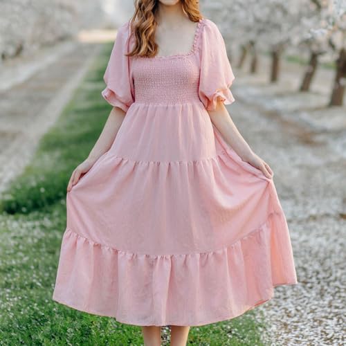 Mother Daughter Matching Dresses Summer Ruffled Hem Short Sleeves A-Line Dress Mom and Me Family Matching Outfits3