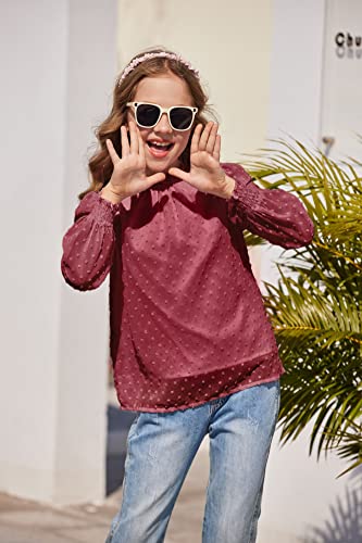 Image of Arshiner Girls Long Sleeve Shirts Chiffon Blouses Swiss Dot Frill Neck Top