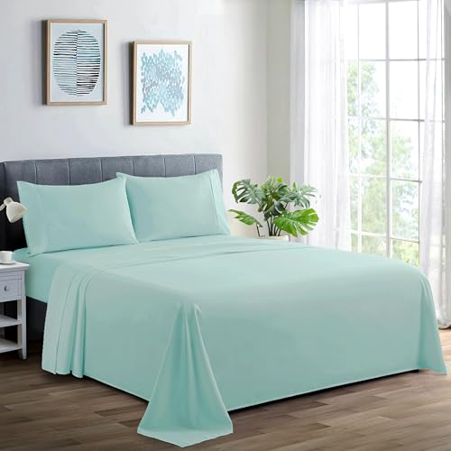 Marina Decoration 600 Thread Count Home Bedding Bedroom Soft Bedsheet Deep Pocket Hotel Standard Solid Percale All Season 3 Pieces Cotton Sheet Set with 1 Pillowcase, Aqua Color Twin/Single Size by Marina Decoration - Used condition - CA$27.59