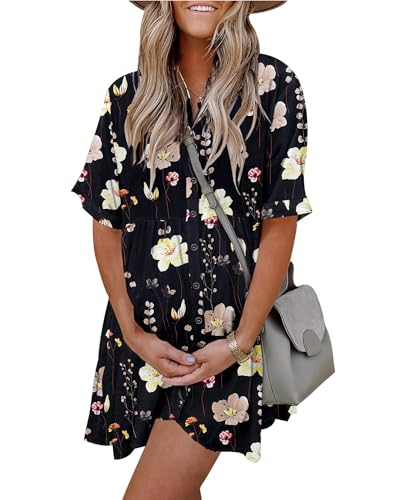 Image of PYGFEMR Women's Short Sleeve Babydoll Dress Button Down Dresses with Pockets