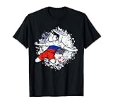 Russia soccer graphic for soccer lovers of the Russia soccer team. Soccer art for football lovers has a soccer striker wearing a Russian flag sport jersey kneeling down and celebrating a goal winner and a soccer ball.