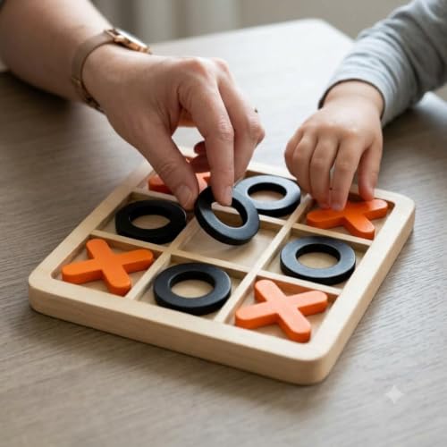 Image of Wooden Tic Tac Toe Board Game, Classic XOXO Strategy Game for Kids & Adults | Noughts and Crosses Puzzle | Classic Grid Challenge | Reusable Mind Game | Family Tabletop Entertainment, Educational Game