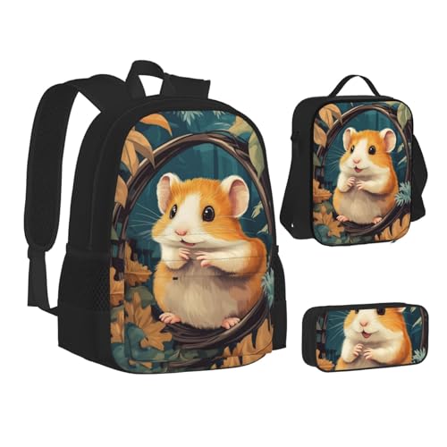 Cute Hamster Autumn Frame Backpack With Pencil Case Lunch Bag Combination For Women Men2