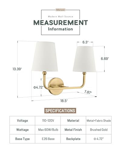 Image of 2 Light Bathroom Light Fixtures, Brushed Gold Vanity Lights, Double Wall Sconce with Beige Fabric Shade, Modern Sconces Wall Lighting for Hallway Bedroom Stairway, VL837-BG-B-2