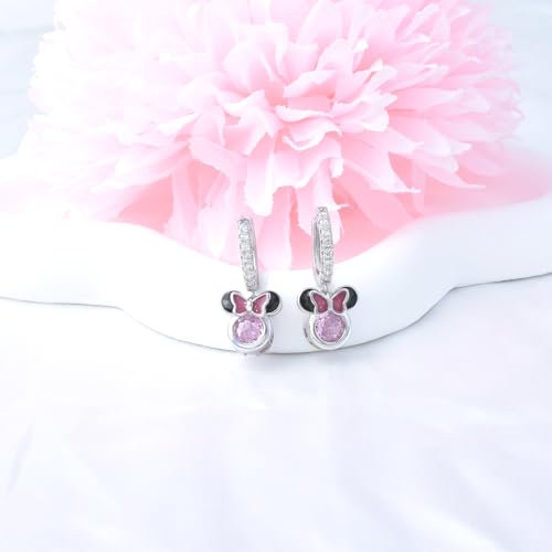 Sterling Silver Pink CZ Mouse Dangle Hoop Earrings - Sparkling Mini Cute Bow Earrings - Minnie Animal Princess Huggie Jewelry Gifts for Women or Daughter Birthday2
