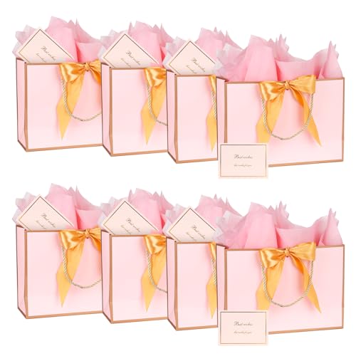 Dimetey Confezione da 8 sacchetti regalo in carta metallizzata con manico, fiocco, nastro e carta, 20 x 28 x 10 cm, sacchetti di ringraziamento per laurea, matrimonio, festa di compleanno, baby