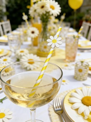 20 pitillos de papel decorados con margaritas, amarillo y blanco miniatura 6