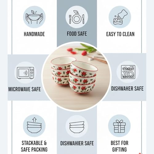 Image of Freakway Ceramic Tulip Small Bowls, 180ml Capacity, 4.1 inch Diameter Mini Dessert & Snack Bowls with Red Floral Design, Microwave & Dishwasher Safe Porcelain, Set of 6