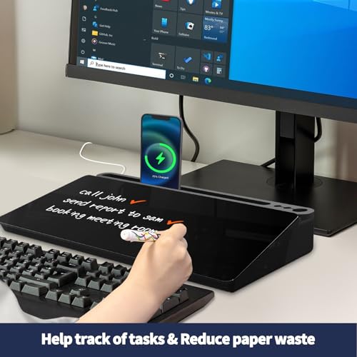 Sliandtelly Schwarzes Desktop Whiteboard mit Stauraum, Glas Notiztafel für Büro Gadgets, abwischbare Mini Tafel mit 3 Kreidemarkern, Schreibtisch Organizer für Homeoffice, Büro und Schule