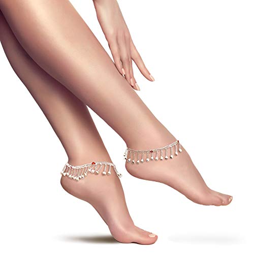 Image of Duel On Jewel Silver Plated Anklet for Women, Traditional Payal Pair with Chain Link Design and Ghungroo Bell Detail, 10 Inch Comfort Fit Foot Accessory, Ethnic Everyday Wear, Wedding Gift