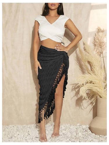 Verdusa Women's Twist High Split Fringe Skirt High Waist Asymmetrical Long Skirt4