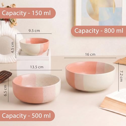 Image of The Earth Store Tritone Pink Ceramic Serving Bowl Set of 3 - 800ML, 500ML, 150ML Microwave Safe Bowl, Elegant Serving Bowl | Ceramic Bowl Set of 3 for Home | Restaurants | Gifting