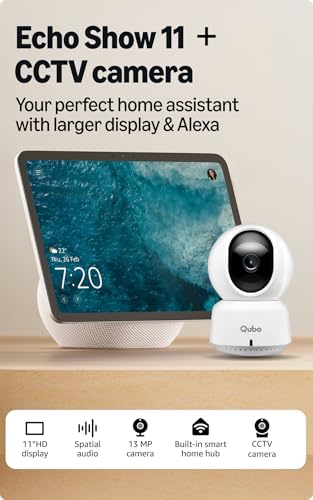 Image of Amazon Echo Show 11 (newest model), vibrant 11 inch Full HD display with spatial audio & Alexa, new sleek design, Glacier White, combo with Qubo CCTV camera