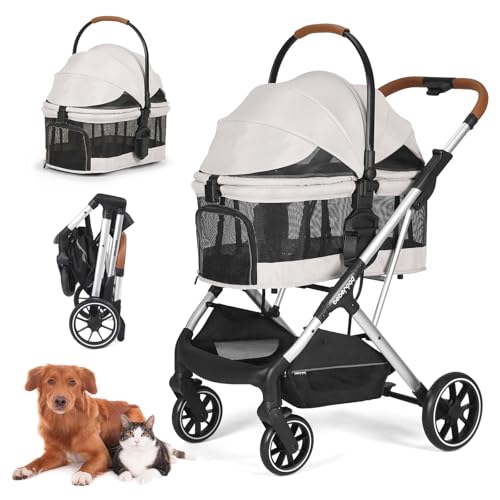 T6 PRO - Cochecito de paseo para perros y gatos pequeños, medianos y gatos, 4 ruedas, impermeable, con almohadilla, canopy y soporte para tazas, color beige