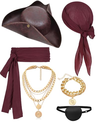 Bryndo 6 Pcs Pirate Costuem Set Pirate Fancy Dress Kit for Party Supplies-Dark Red