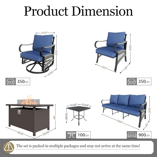 Image of 8-Piece Outdoor Furniture Set, Metal Swivel Rocking Chairs with All-Weather Cushions, Patio Conversation Set with Fire Pit Table for Deck, Porch, Garden, Backyard, Poolside (Blue Cushions)