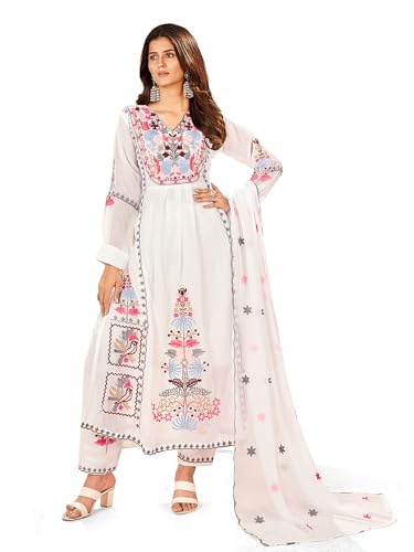 Image of FABZOO Women's Georgette Embroidery Anarkali Kurta Palazzo & Dupatta Set. (Medium, White)