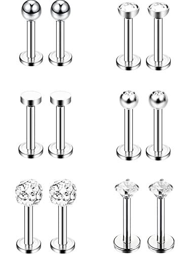 6 Pairs Nose Studs Tragus Earrings Lip Rings Diamond Stainless Steel Labret Bars Crystal Body Piercing Jewelry, 6 Designs, 16 Gauge (Silver) #TOP12