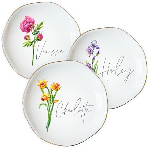 Personalized Birth Month Flower Ring Dish with Name, Custom Ceramic