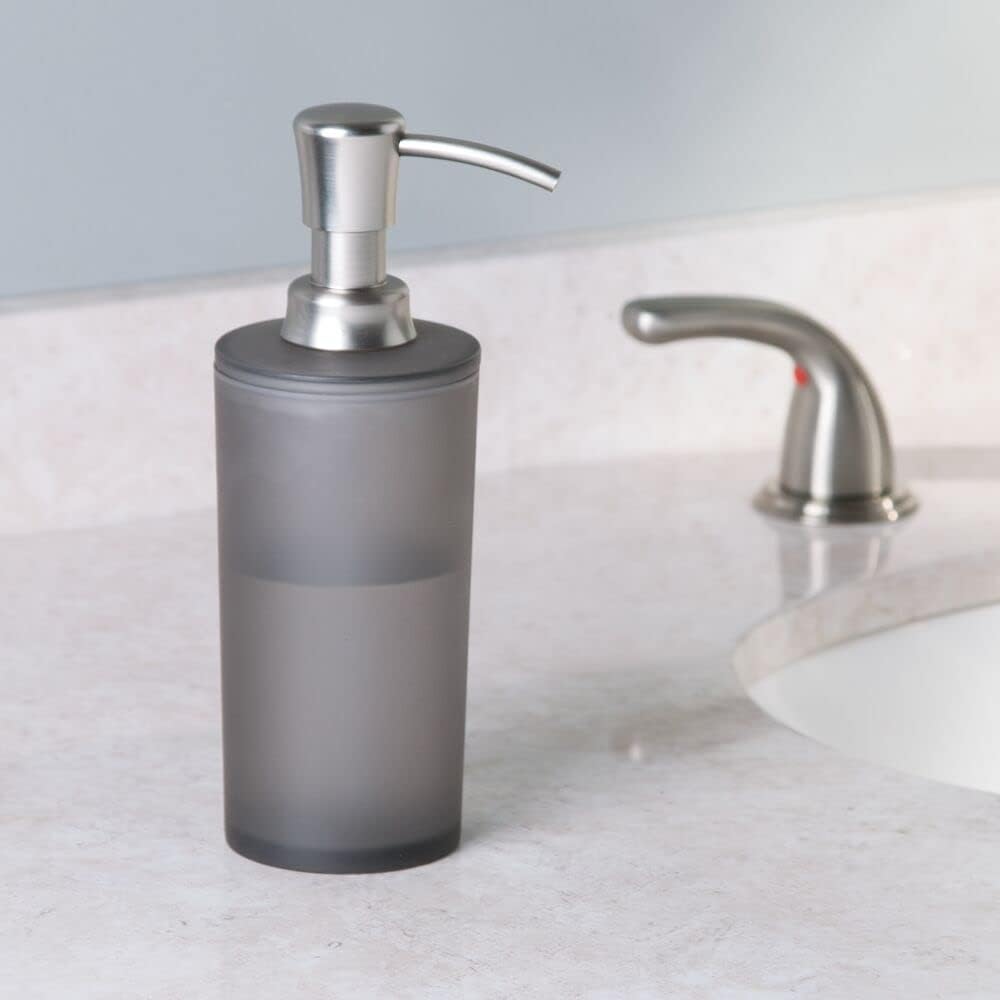 mDesign Frosted Plastic Refillable Liquid Soap Dispenser Pump Bottle for Bathroom Vanity Countertop, Kitchen Sink - Holds Hand Soap, Dish Soap, Hand Sanitizer, Essential Oils - Charcoal Gray/Brushed
