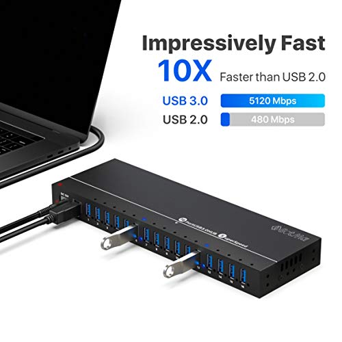 Multi-Safety Protection Usb Splitter - 16 Port Powered Usb Hub 3.0 With Ac Adapter (12V / 10A) - Aluminium Usb 3.0 Hub With Leds - High Speed - Hub For Multiple Devices - Powered Usb 3.0 Hub #TOP3