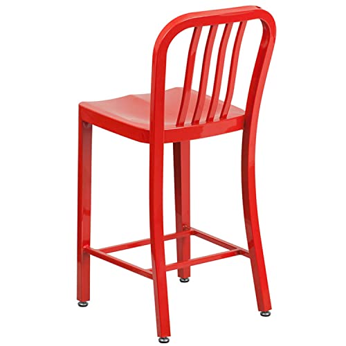 Flash Furniture Commercial Grade 24" High Red Metal Indoor-Outdoor Counter Height Stool With Vertical Slat Back #TOP3