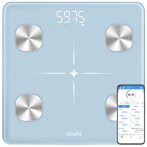 Vitafit 体重計 2001年創業の専門工場で0.5kg単位の高精度を実現 体重計スマホ連動と同期可能 BMI、体脂肪、筋肉量を含む13種類の体組成を測定 182kg LEDライト日本語対応APP. 説明書の商品画像（Amazon）