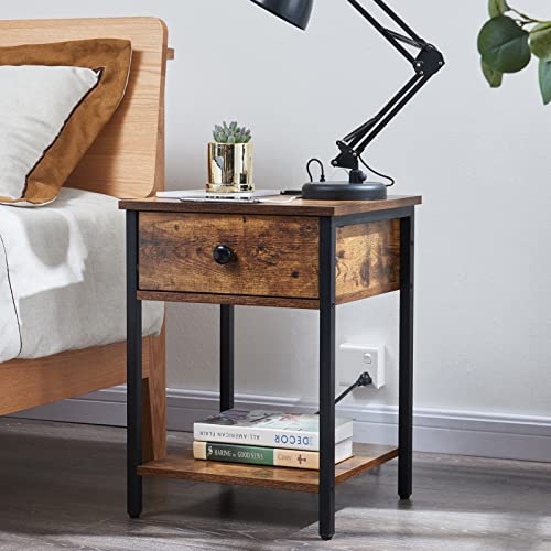 Superjare Nightstand With Charging Station, End Table Side Table With Drawer And Storage Shelf, Night Stand Bedside Table For Bedroom, Living Room, Rustic Brown, Set Of 2 #TOP1