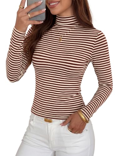 BTFBM Long Sleeve Shirts for Women Turtleneck Striped Shirt,S,Brown - image 7