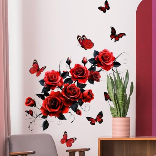COVPAW Wandtattoo Wohnzimmer Rot Rosen Rebe Schmetterlingen Wandaufkleber Schlafzimmer Wandsticker Kinderzimmer Küche Büro Wanddekoration (Rot)