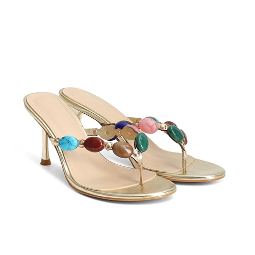 MAIJED Jeweled Flip Flop Kitten Heels for Women Open Toe Beaded Strappy High Heels Sandals Slip On Thong Heeled Mules Mid Heel Fashion Party Dress Shoes Gold US7