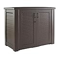 Rubbermaid Decorative Outdoor Storage Cabinet (123 Gal), Weather Resistant, Brown, Organization for Home/Backyard/Pool Chemicals/Toys/Garden Tools/Porch/Patio Cushions