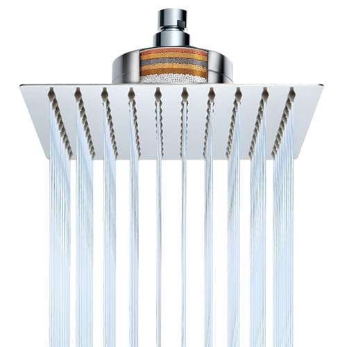 Stainless Steel Rain Shower Head, ShowerHead with Filter, Square Waterfall Shower Head, High Pressure Ceiling Shower Head for Hard Water - 10" Silver