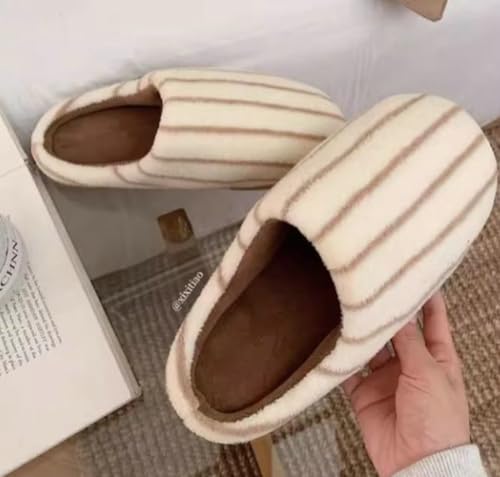 Hycurey Winter Cotton Striped Slippers For Women Men Fashion Couple House Indoor Cozy Plush Slip On Warm Pluffy Bedroom Shoes3