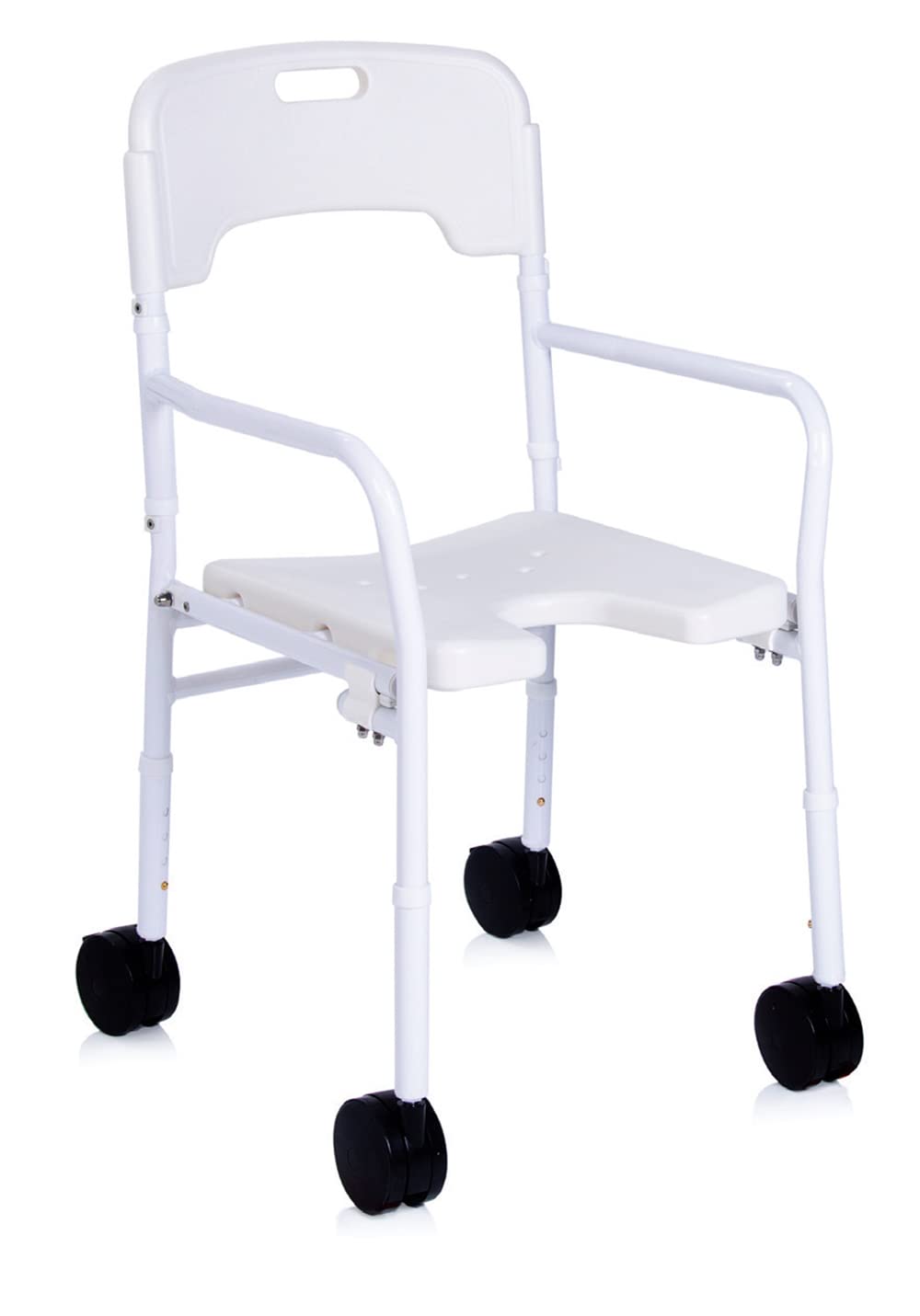 Silla de ducha con asiento en U plegable regulable en altura Serie Onda Ruedas y respaldo Art. RS825