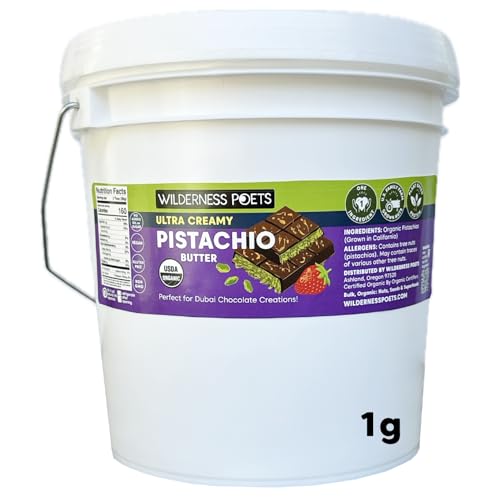Image of Wilderness Poets, Organic Ultra Creamy Pistachio Nut Butter - (7 Pound- 1 Gallon) - Unsweetened, Silky Smooth - Perfect for Dubai Chocolate-Inspired Creations. One ingredient: 100% Organic Pistachios