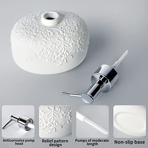 White Soap Dispenser, Ceramic Countertop Lotion Dispenser 14Oz With Embossed Design, Bathroom Refillable Lotion Bottle For Shower Soaps Shampoo Kitchen Organization, Antis's Home #TOP3