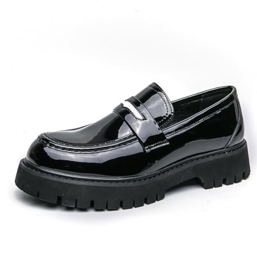Mens Fashion Patent Leather Platform Slip-On Dress Penny Loafers Round Toe Chunky Heels Non-Slip Casual Shoes for Formal Business Wedding Prom - Main Image