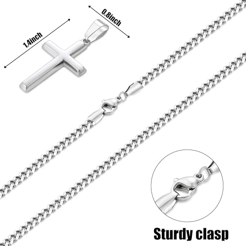 Image of Fiusem Silver Tone /Black /14K Gold Plated Cross Necklace for Men, Beveled Edge Pandent Mens Necklace, 3.5MM Stainless Steel Cuban Chain, 16-24 Inches Jewelry Gifts
