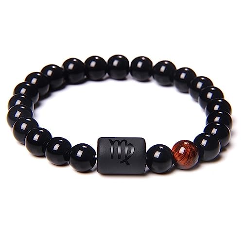 LODMLOER Virgo 12 Constelación Signos del Zodiaco Pulsera De Cuentas - Pulsera para Parejas Pulsera Elástica De Piedra De Ónix Negro Natural para Mujeres Hombres Regalo De Cumpleaños,Virgo