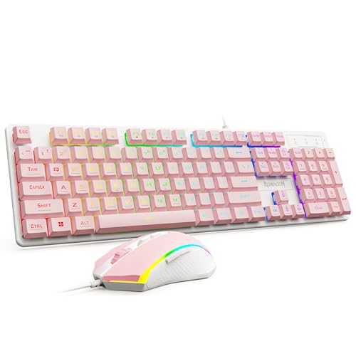 Image of Redragon Updated S107WP Gaming Keyboard and Mouse, RGB Gaming Keyboard and 10000 DPI Mouse Combo with 25-Key Anti-Ghosting, 1K Hz Programmable Mice with Software, Plug & Play to PC, Laptop - Pink