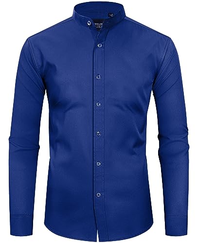 Alimens & Gentle Mens Stretch Long Sleeve Banded Collar Dress Shirts Wrinkle Free Solid Casual Collarless Shirts for Men Royal Blue